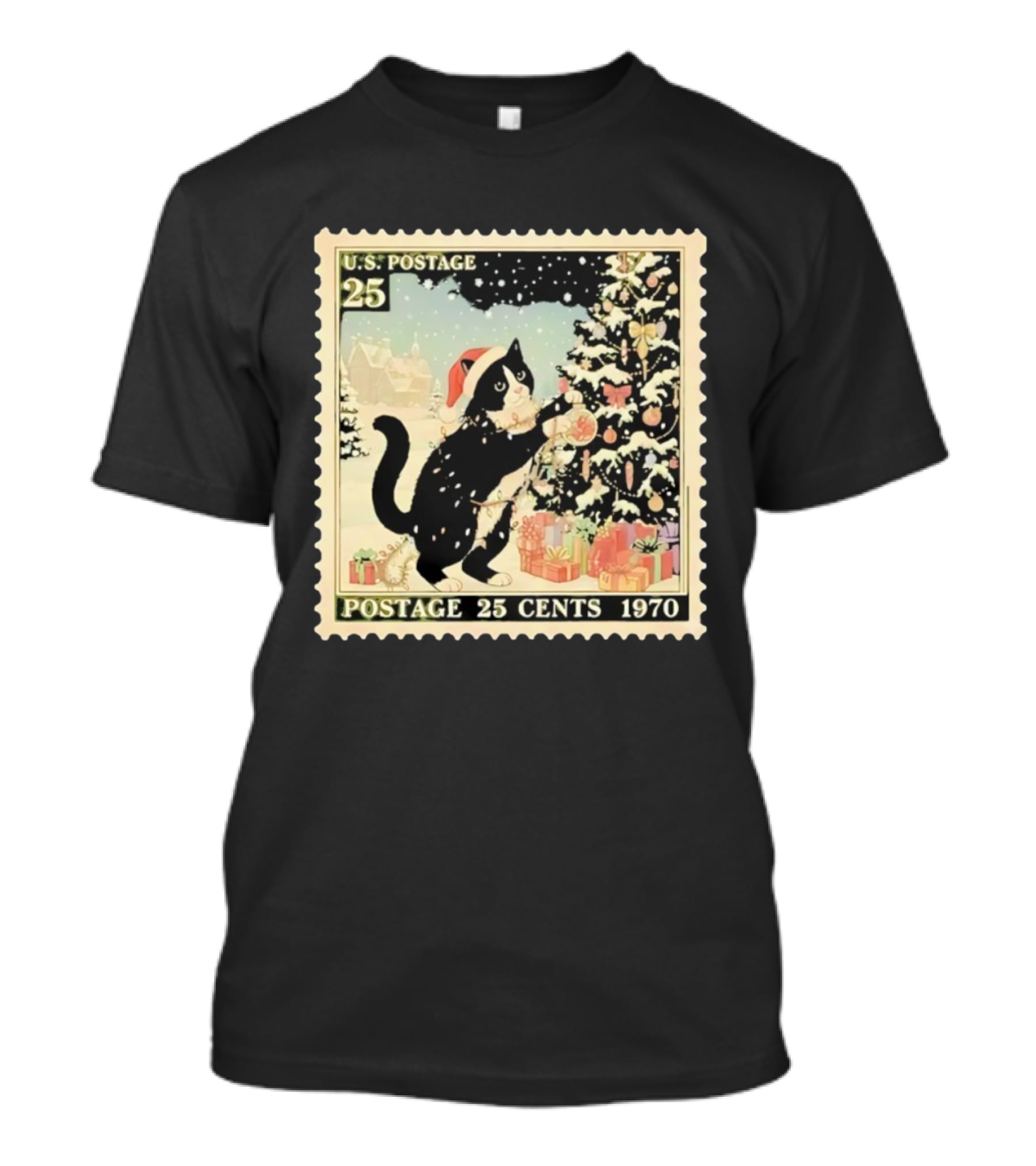 Cat Santa Hat U.S. Postage 25 Cents 1970 Christmas Tree T-Shirt