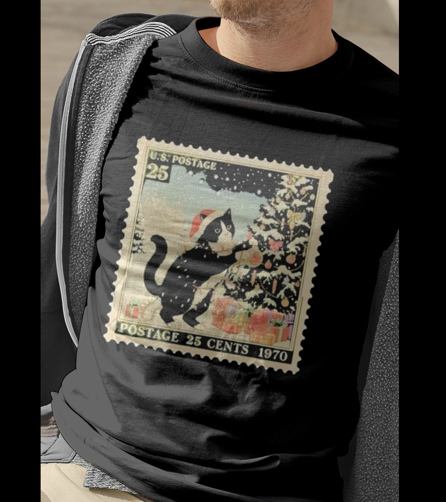 Cat Santa Hat U.S. Postage 25 Cents 1970 Christmas Tree T-Shirt