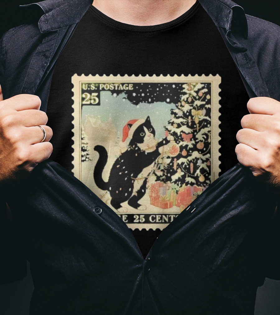 Cat Santa Hat U.S. Postage 25 Cents 1970 Christmas Tree T-Shirt