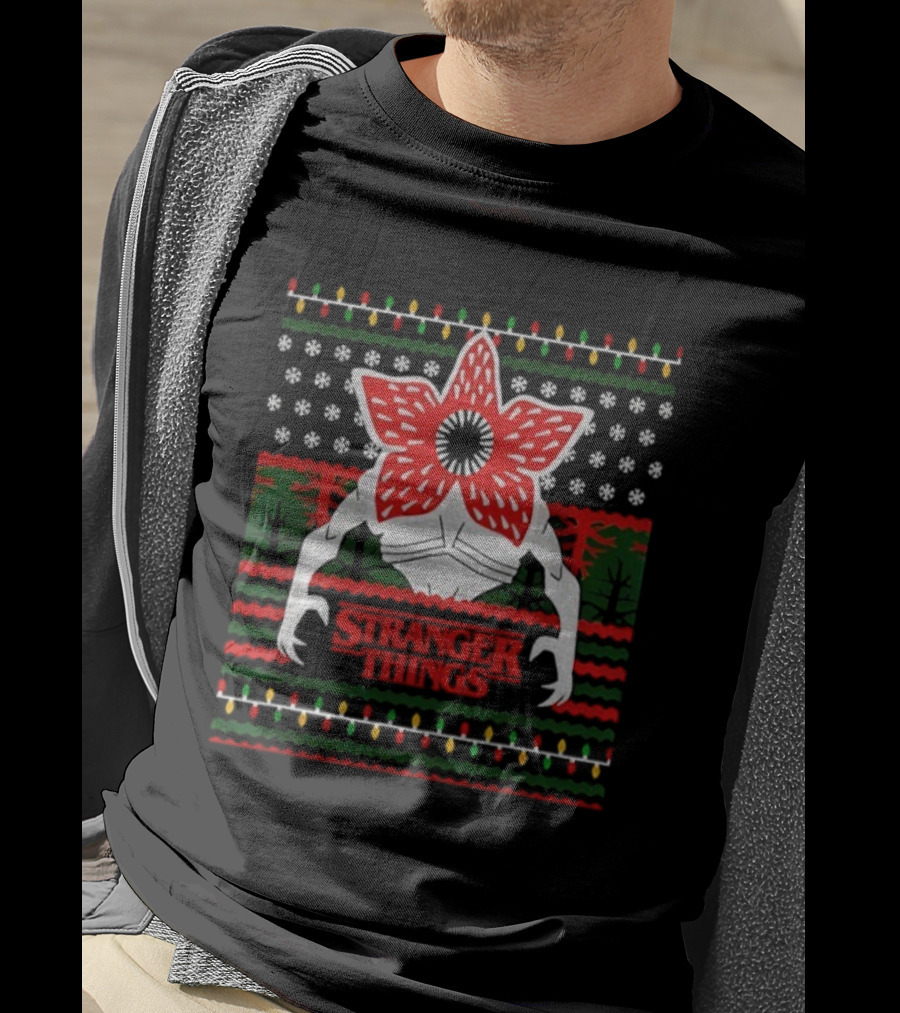Stranger Things Demogorgon Ugly Christmas Sweater Holiday Lights T-Shirt