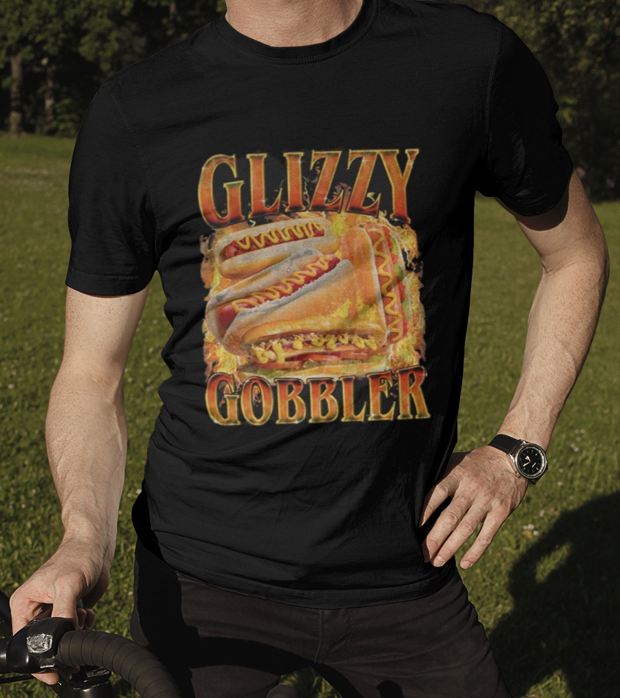 Glizzy Gobbler Faded Hot Dog Funny Meme Fire Burst T-Shirt