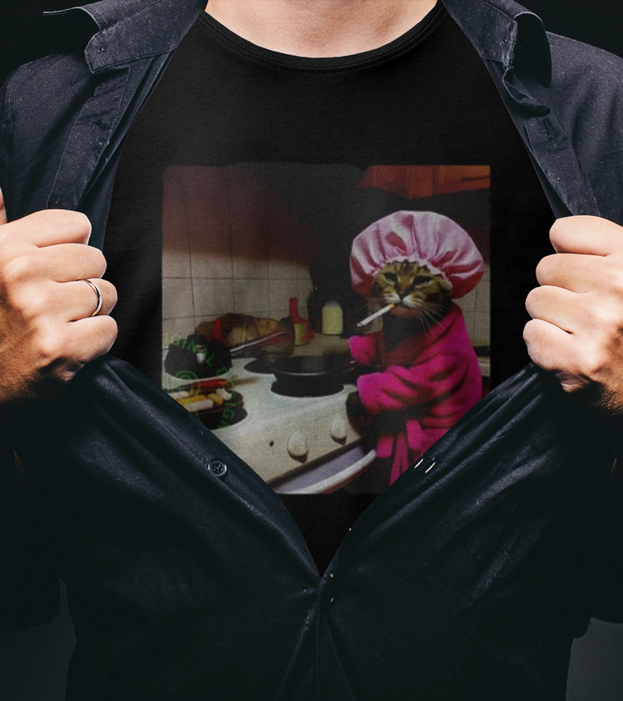Housewife Cat Smoking Cooking Meme In Pink Bathrobe And Shower Cap T-Shirt
