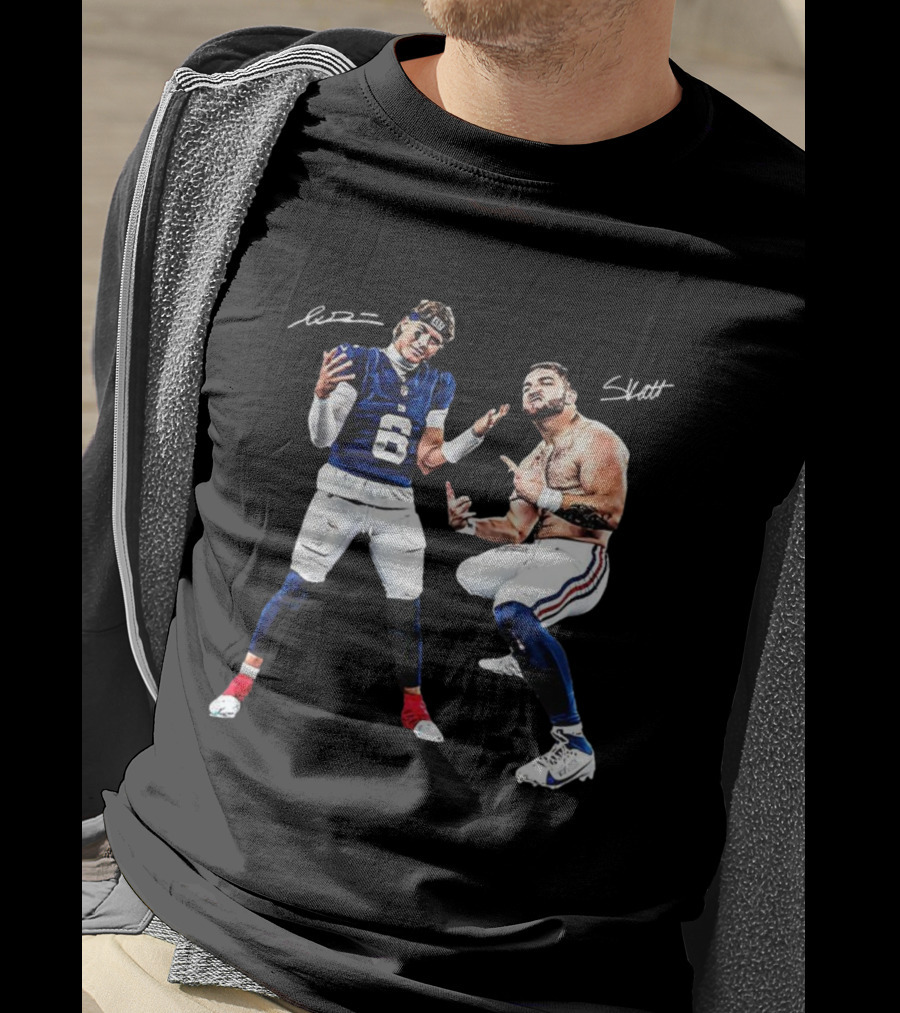 Jaxson Dart Cam Skattebo New York Giants Aura Signature Football T-Shirt