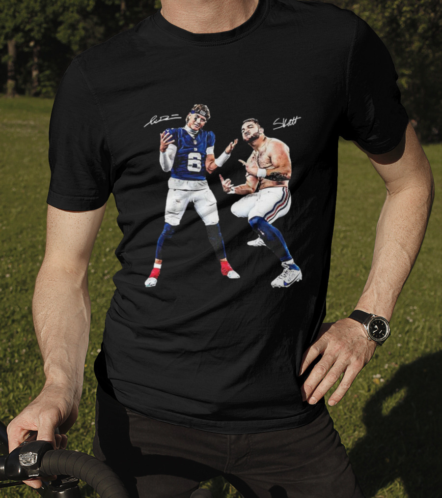 Jaxson Dart Cam Skattebo New York Giants Aura Signature Football T-Shirt