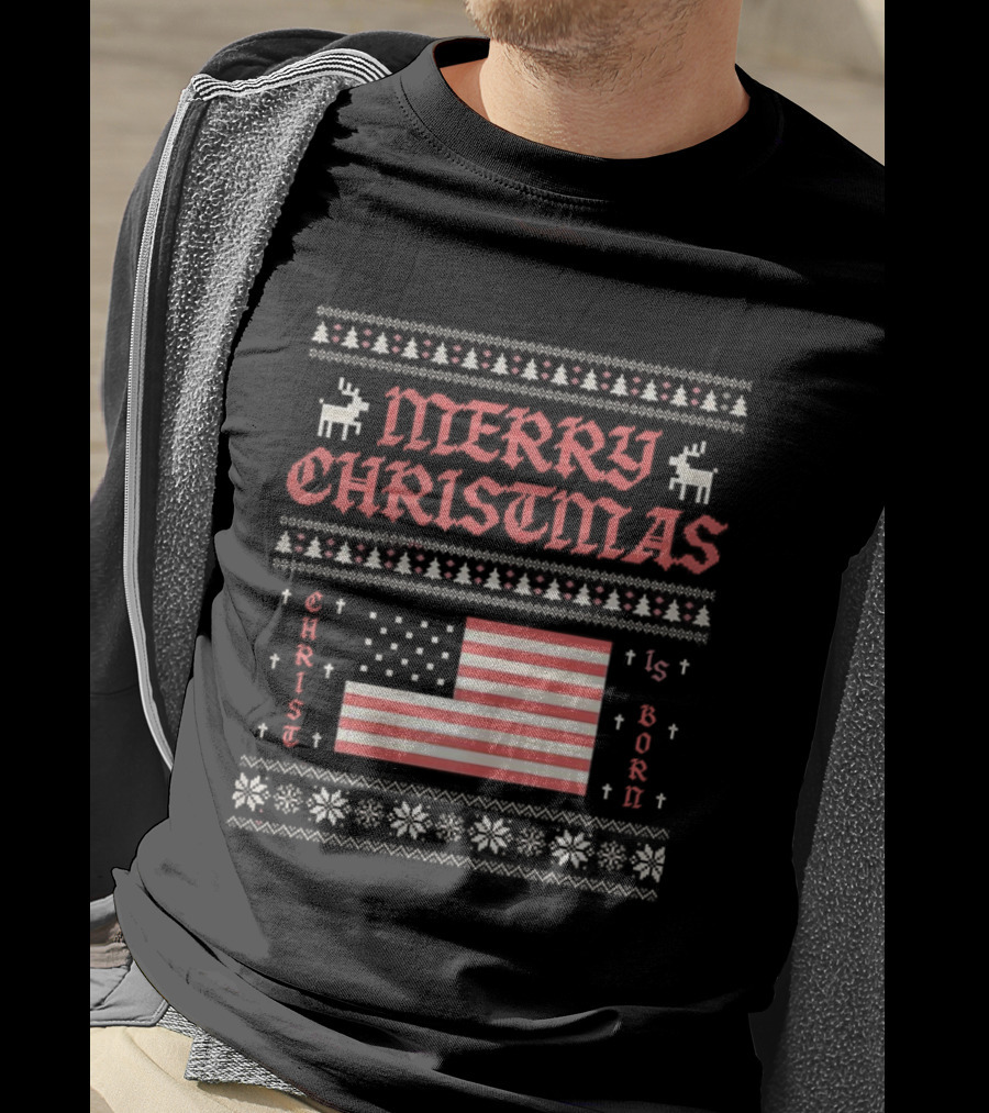 Merry Christmas 2025 Christ Is Born Ugly Pixel American Flag T-Shirt