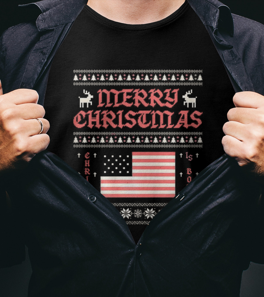 Merry Christmas 2025 Christ Is Born Ugly Pixel American Flag T-Shirt