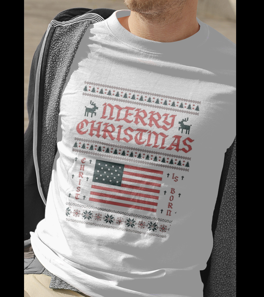 Merry Christmas 2025 American Flag Ugly Christmas Pixel Reindeer Stars Stripes T-Shirt