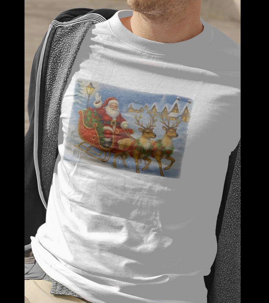 Santa Sleigh Reindeer Snowy Christmas Scene T-Shirt