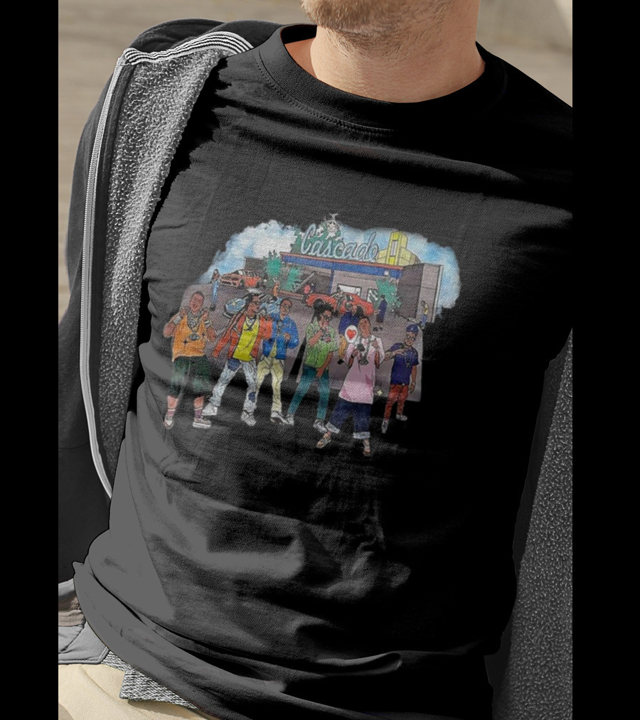 Cascade Hip Hop Enthusiasts Cartoon Characters In Urban Scene T-Shirt