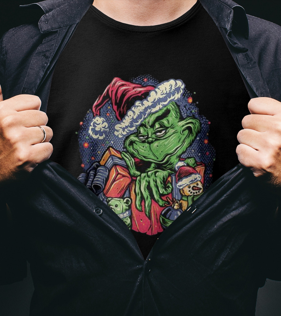 Grinch A Grumpy Present Cartoon Christmas With Santa Hat And Holiday Toys T-Shirt