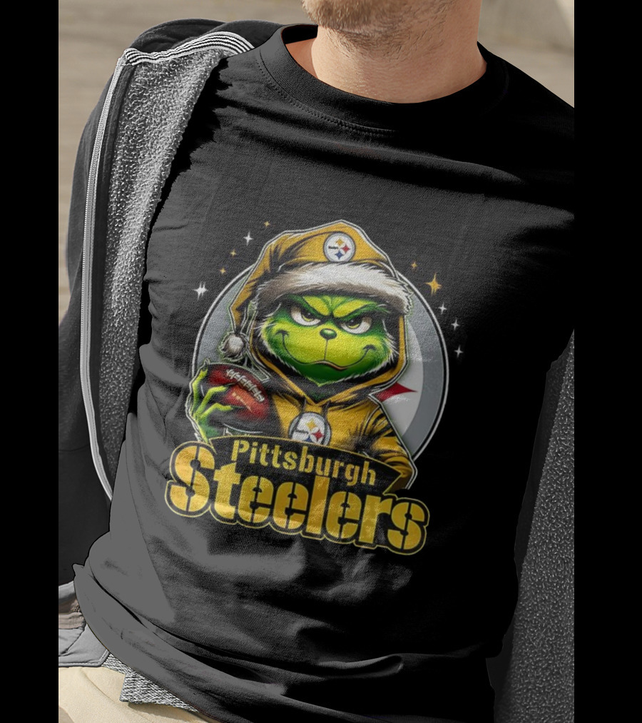 Grinch Wearing Santa Hat Holding Football Pittsburgh Steelers Christmas NFL T-Shirt