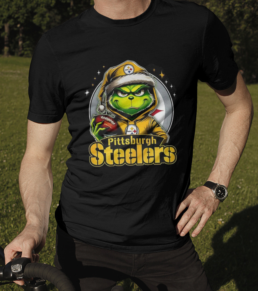 Grinch Wearing Santa Hat Holding Football Pittsburgh Steelers Christmas NFL T-Shirt