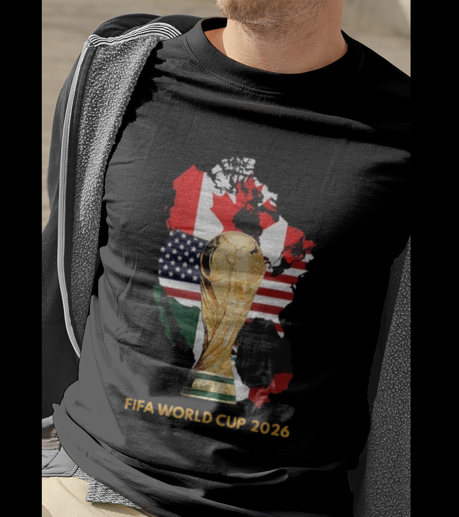 FIFA World Cup 2026 USA Canada Mexico Flags Map Trophy T-Shirt