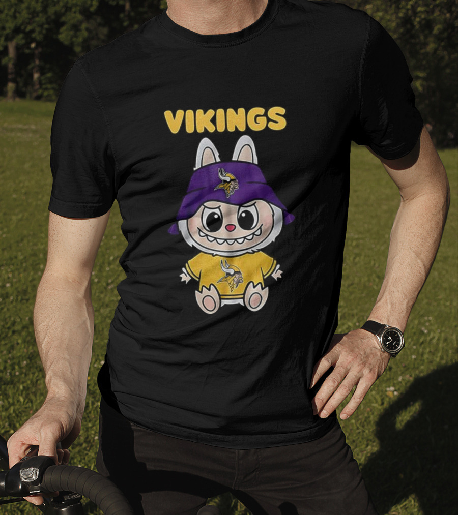 Minnesota Vikings Labubu Character With Purple Cap And Team Logo T-Shirt