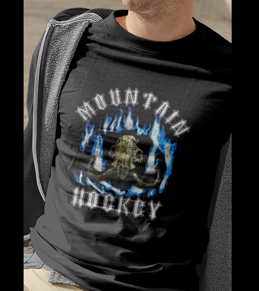 Mountain Hockey Mammoth Skull Blue Flames Design T-Shirt