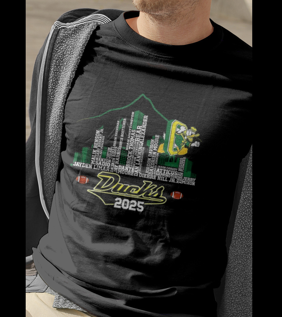 Oregon Ducks 2025 Skyline Football Player Mountain T-Shirt