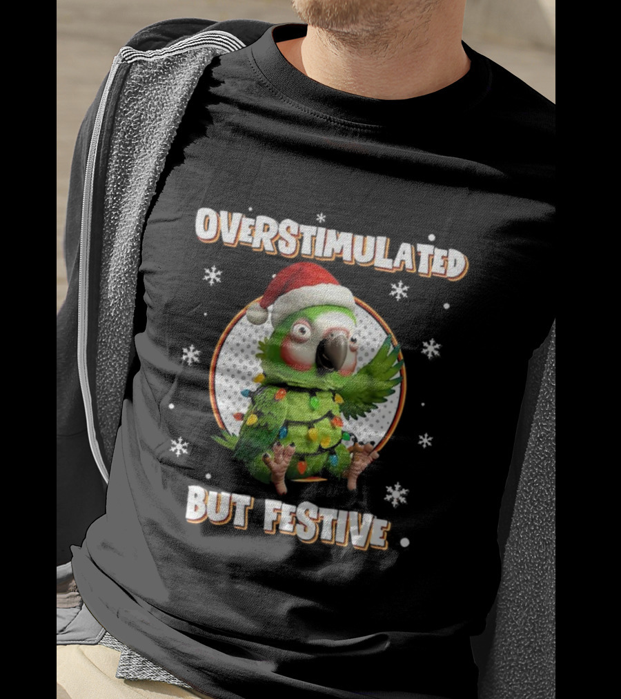 Overstimulated Parrot With Christmas Lights And Santa Hat T-Shirt