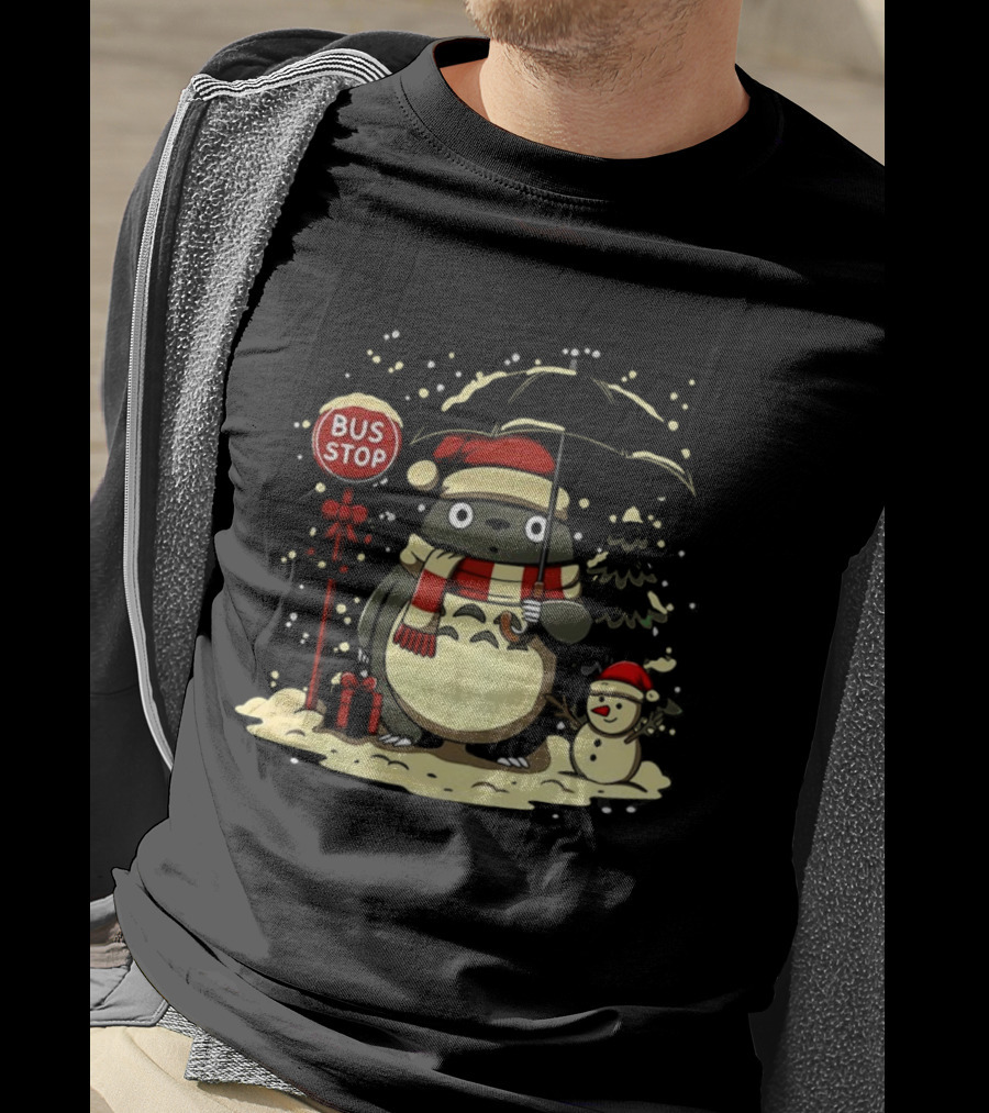 Totoro Snowman Winter Bus Stop Santa Hat T-Shirt