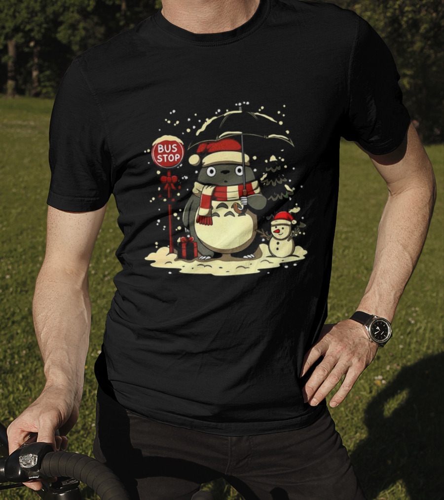 Totoro Snowman Winter Bus Stop Santa Hat T-Shirt