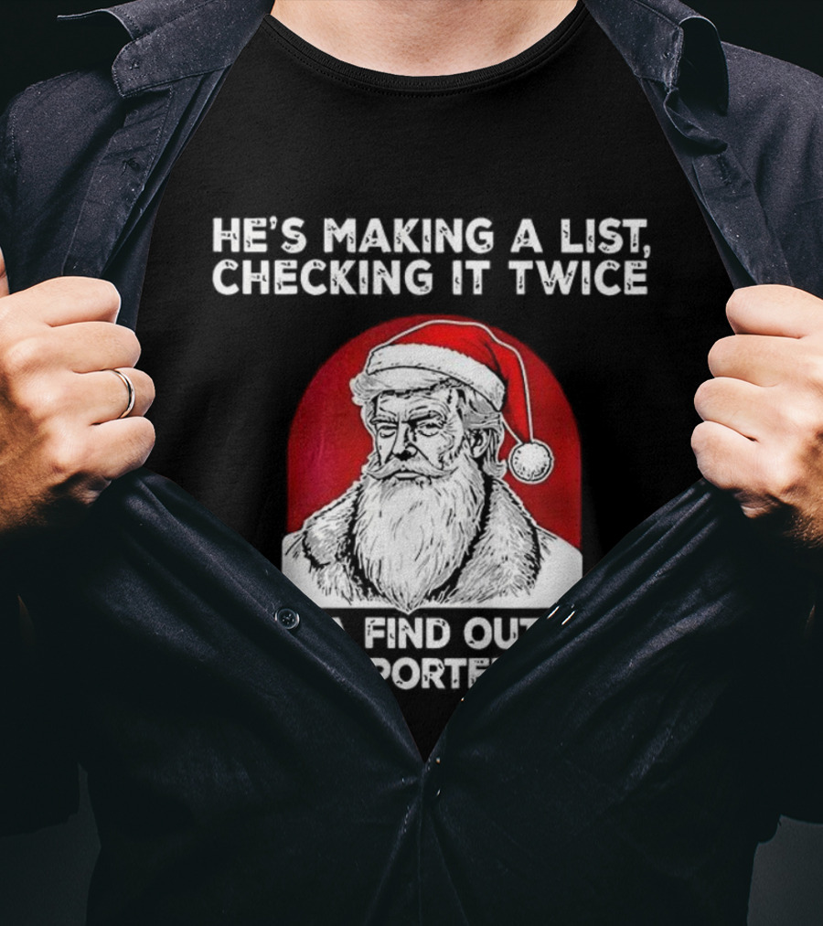 Trump He's Making A List Checking It Twice Gonna Find Out Who Gets Deported By ICE Christmas Santa Hat T-Shirt