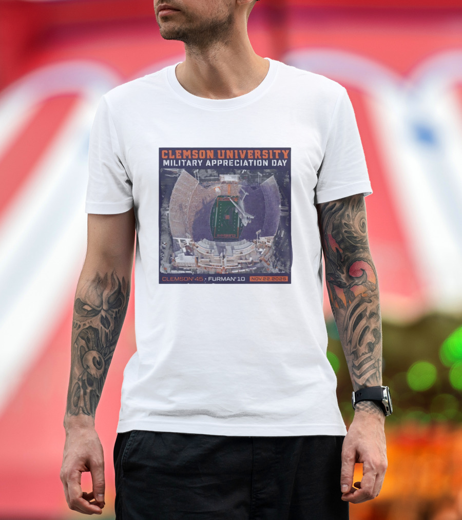 Clemson University Military Appreciation Day Game Nov 22 2025 Clemson 45 Furman 10 Stadium Aerial View T-Shirt