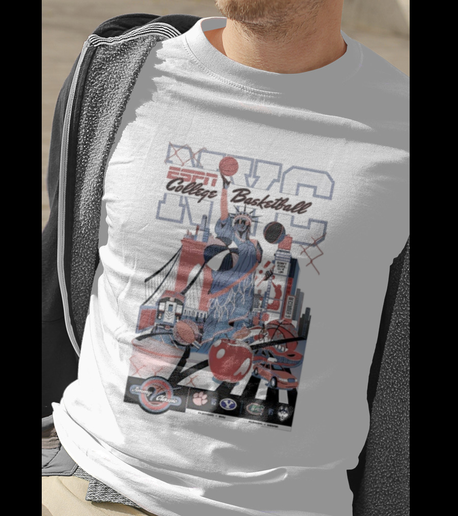 Jimmy V Classic 2025 Clemson Vs BYU College Basketball NYC Statue Of Liberty Basketball New York Skyline T-Shirt