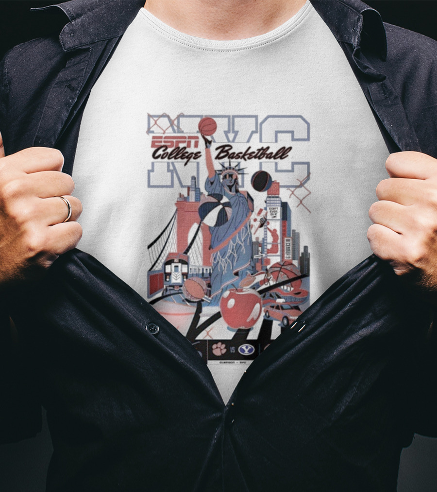 Jimmy V Classic 2025 Clemson Vs BYU College Basketball NYC Statue Of Liberty Basketball New York Skyline T-Shirt