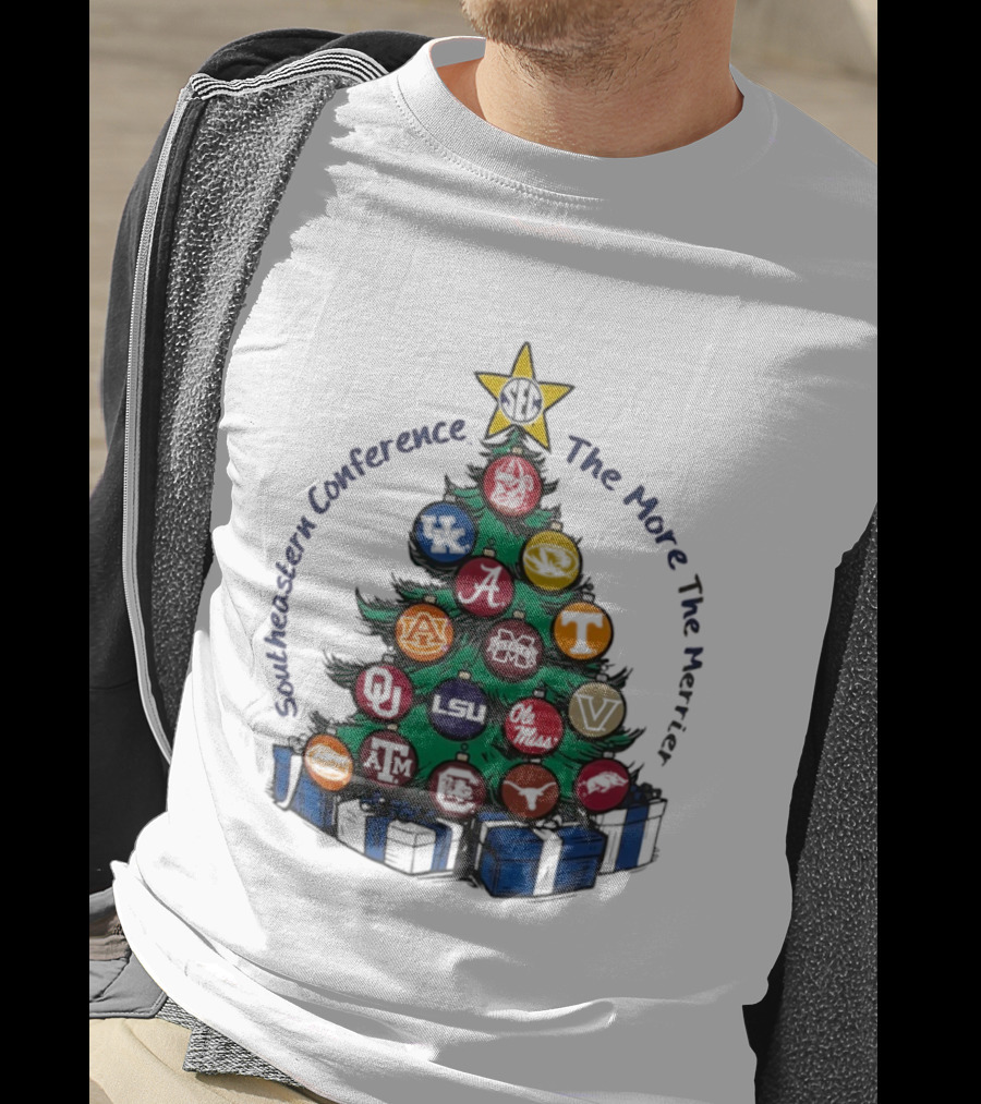 SEC Southeastern Conference The More The Merrier Christmas Tree With Team Ornaments T-Shirt