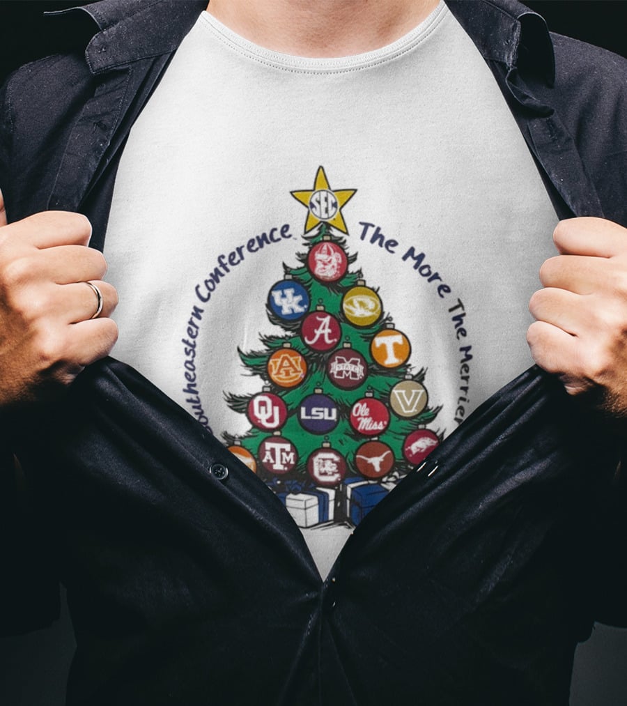 SEC Southeastern Conference The More The Merrier Christmas Tree With Team Ornaments T-Shirt