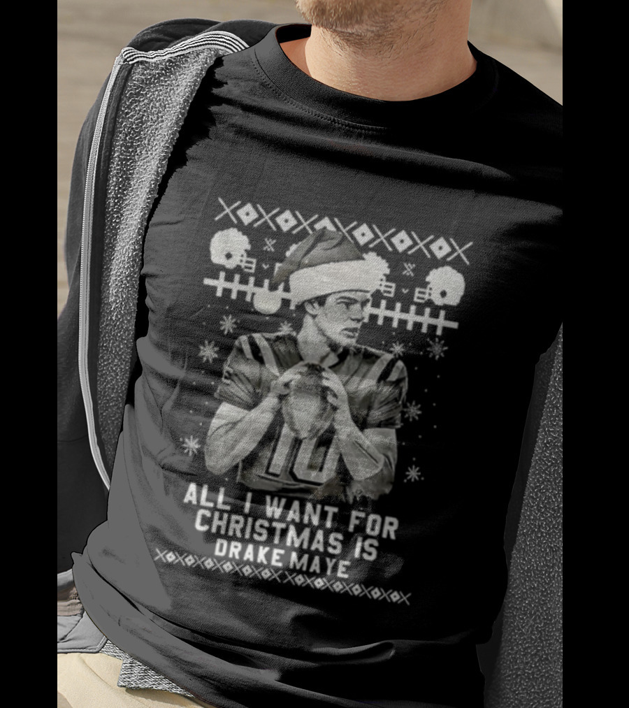 Drake Maye All I Want For Christmas Vintage Football Santa Hat Ugly Sweater Style T-Shirt
