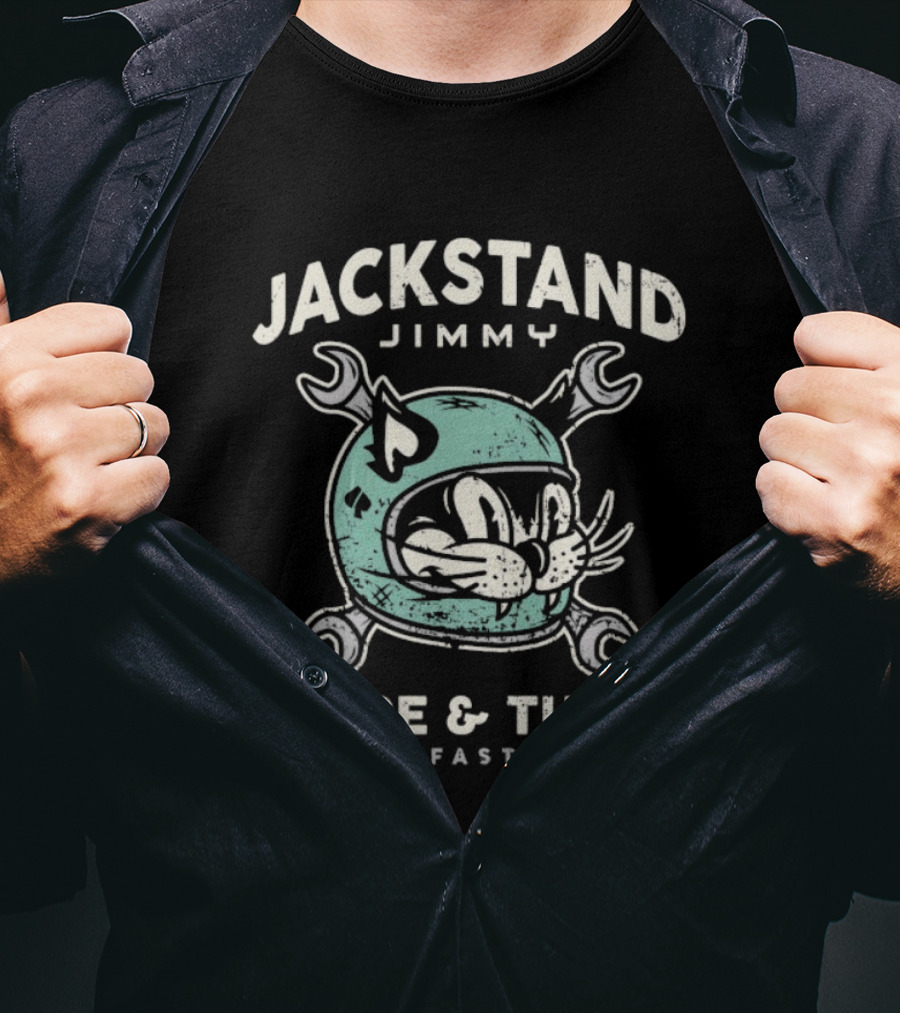 Jackstand Jimmy Lube & Tune One Fast Cat Helmet Wrench T-Shirt