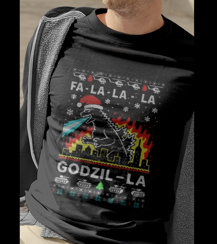 Fa La La La Godzil-La Christmas Santa Hat City Helicopters Tanks T-Shirt
