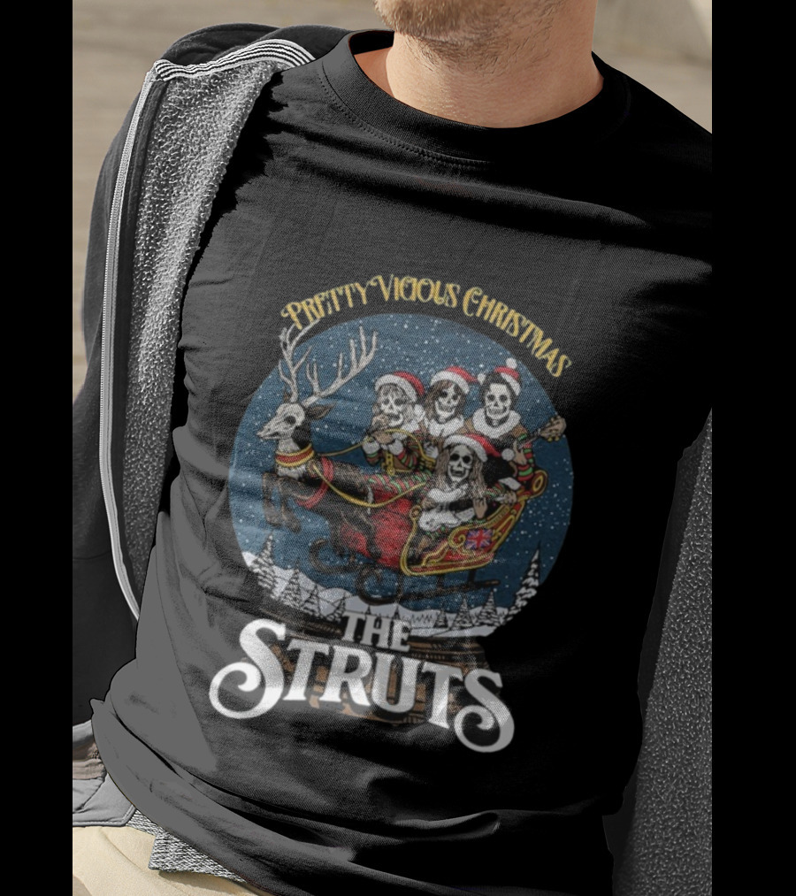 The Struts Pretty Vicious Christmas Reindeer Snow Globe Skeleton Sleigh T-Shirt