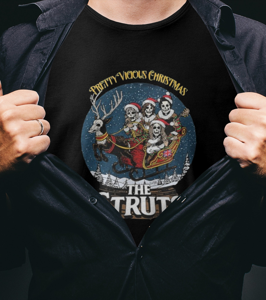 The Struts Pretty Vicious Christmas Reindeer Snow Globe Skeleton Sleigh T-Shirt