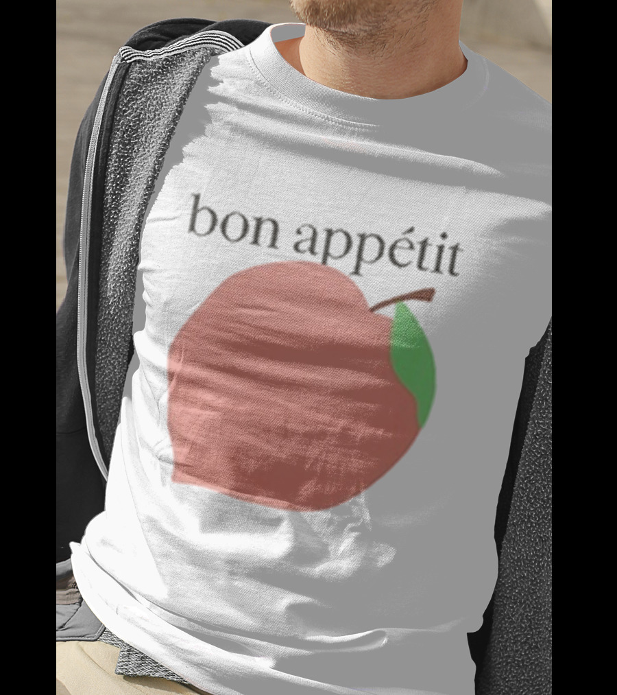 Bon Appétit Peach Illustration With Green Leaf Detail T-Shirt
