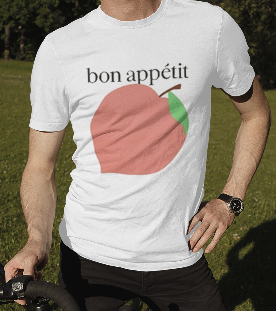 Bon Appétit Peach Illustration With Green Leaf Detail T-Shirt