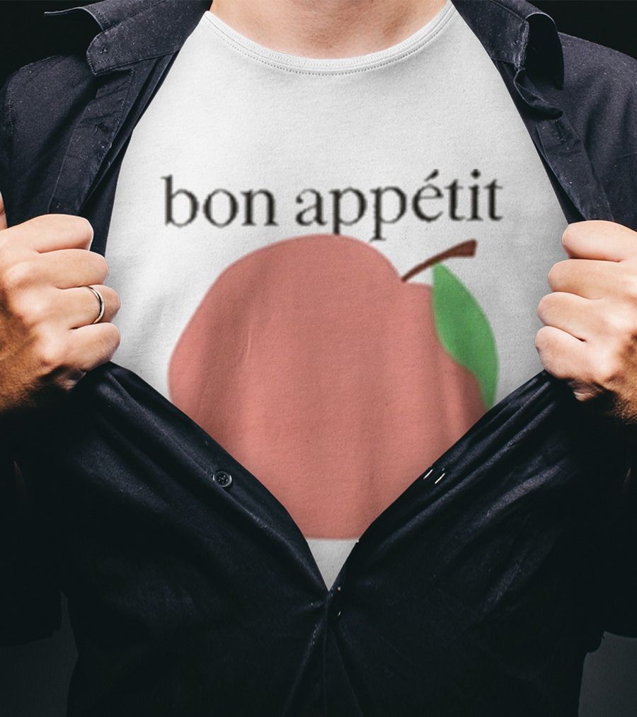 Bon Appétit Peach Illustration With Green Leaf Detail T-Shirt