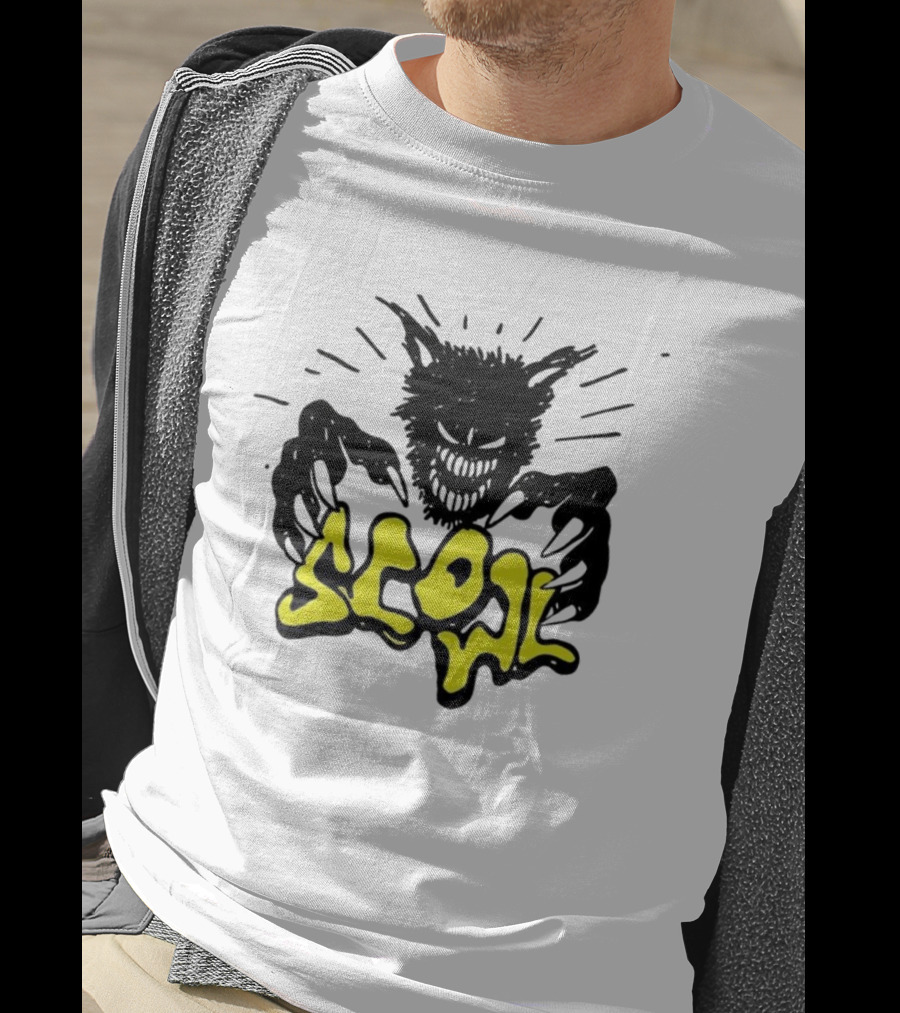 Scowl Scary Cat Yellow Text With Creepy Feline Illustration T-Shirt