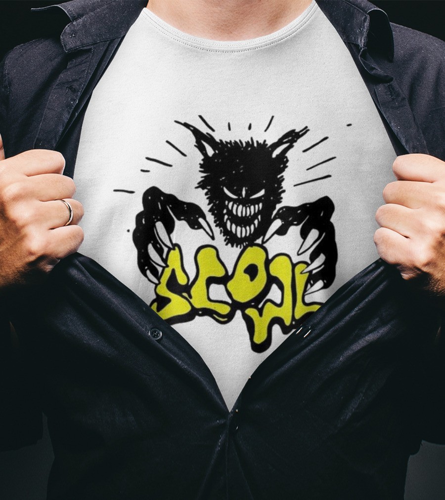 Scowl Scary Cat Yellow Text With Creepy Feline Illustration T-Shirt