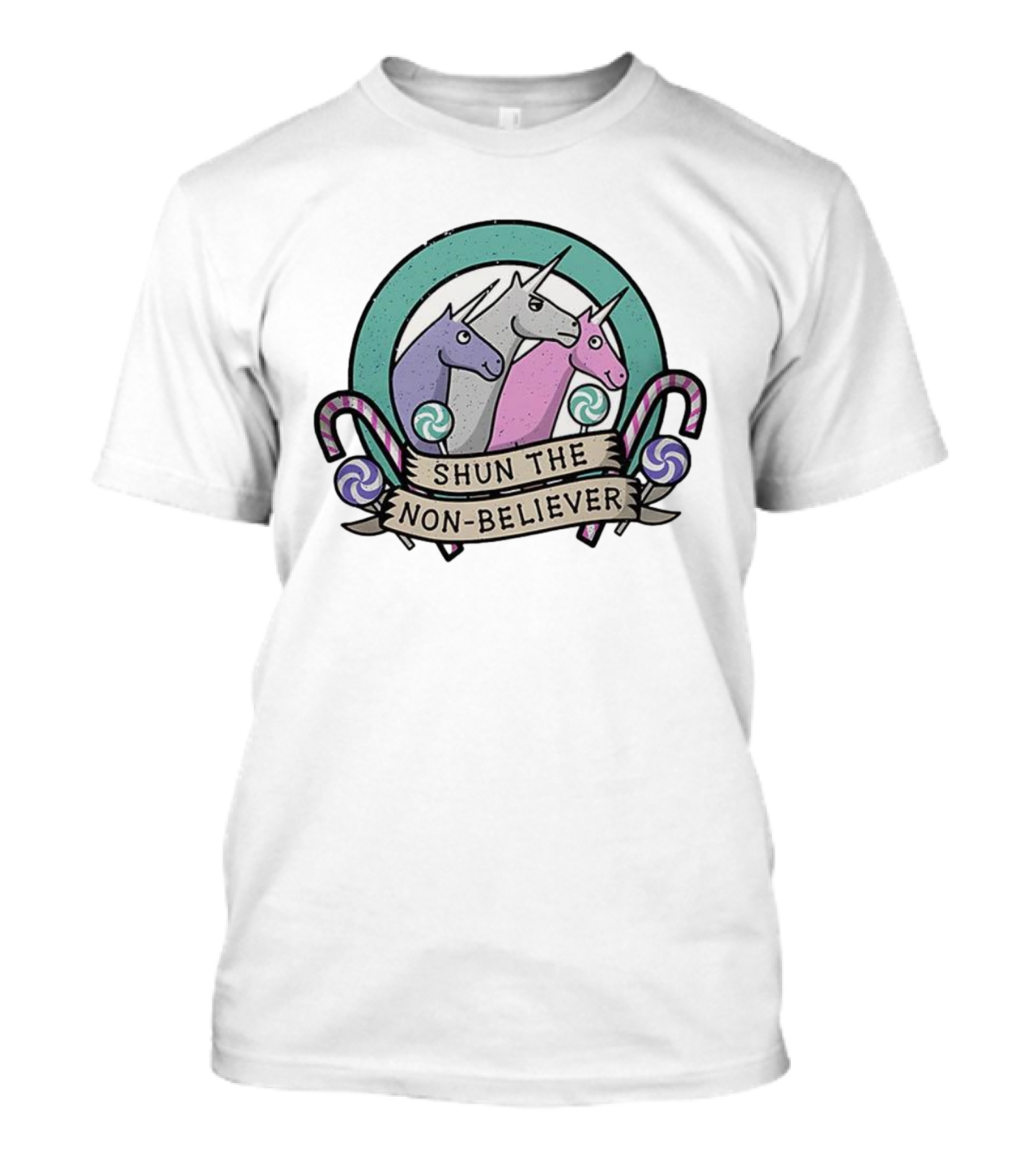 Charlie The Unicorn Shun The Non-Believer Candy Cane Cartoon Trio T-Shirt