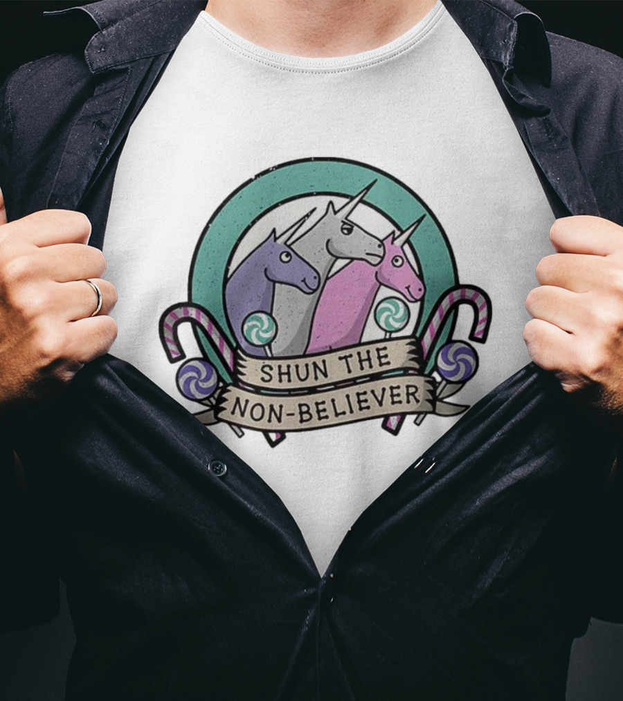 Charlie The Unicorn Shun The Non-Believer Candy Cane Cartoon Trio T-Shirt
