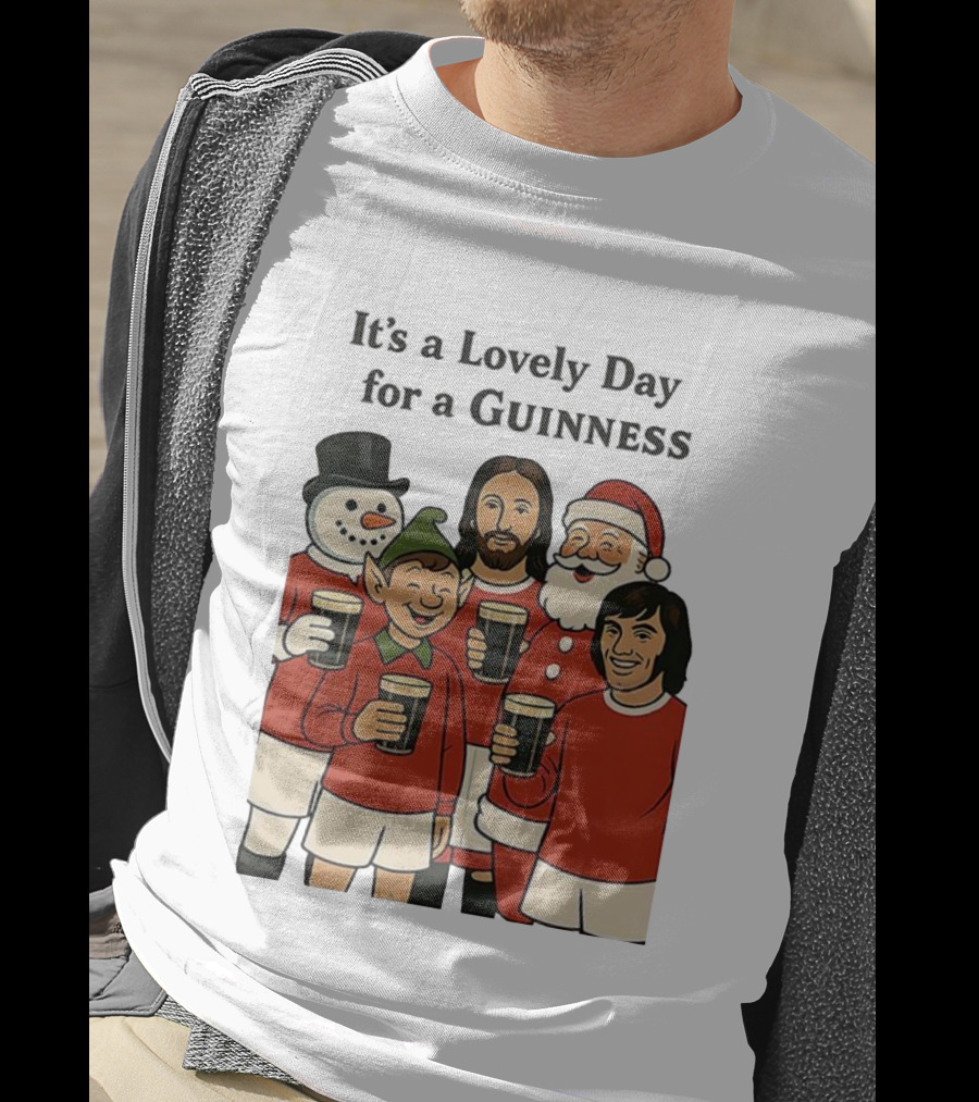 It's A Lovely Day For A Guinness Manchester United Christmas With Festive Characters T-Shirt
