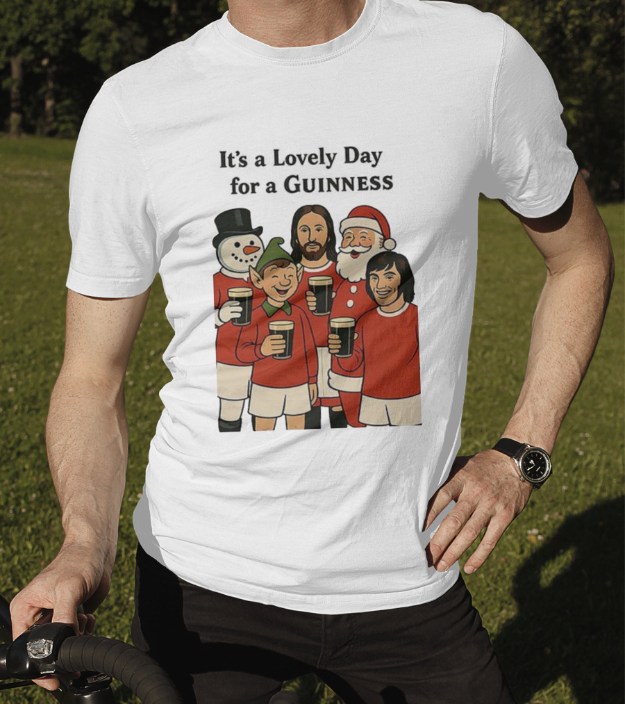 It's A Lovely Day For A Guinness Manchester United Christmas With Festive Characters T-Shirt