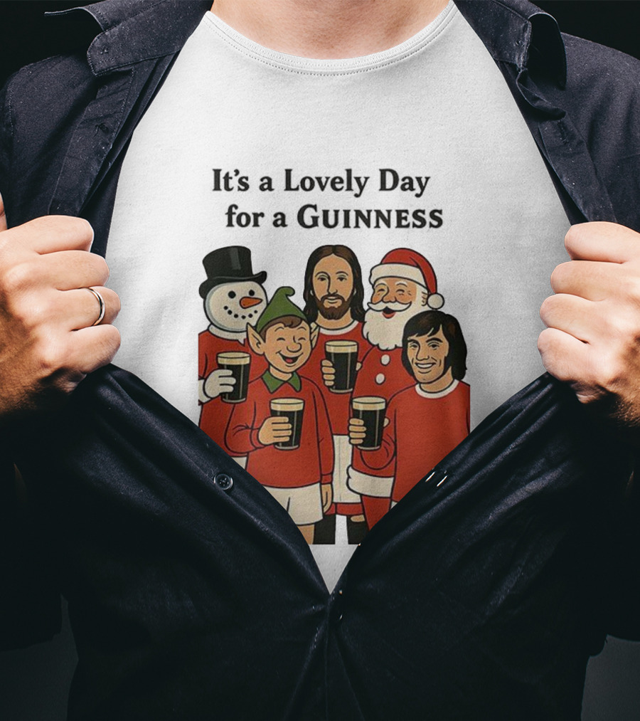 It's A Lovely Day For A Guinness Manchester United Christmas With Festive Characters T-Shirt