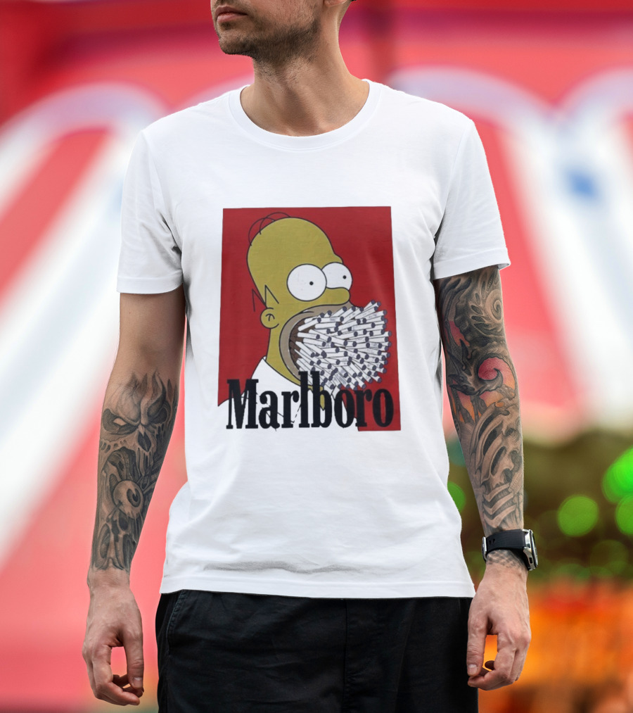 Homer Simpson Cigarette Mouth Marlboro Red Background T-Shirt