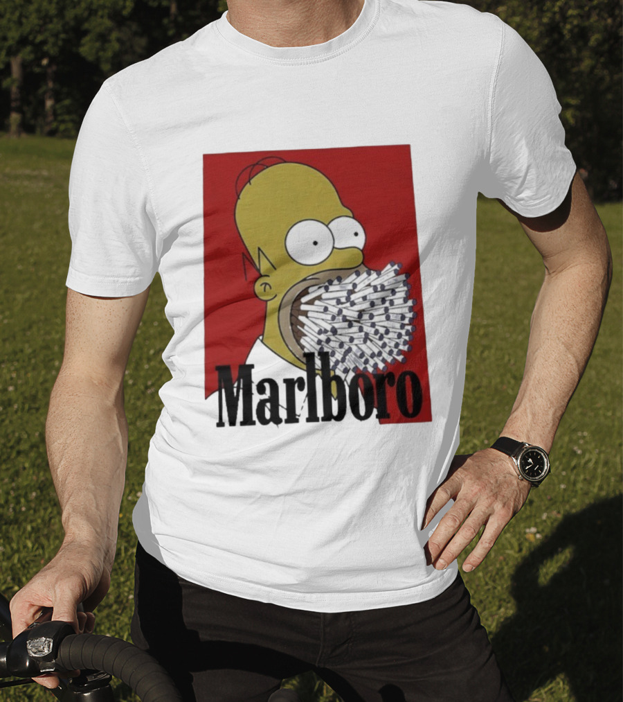 Homer Simpson Cigarette Mouth Marlboro Red Background T-Shirt