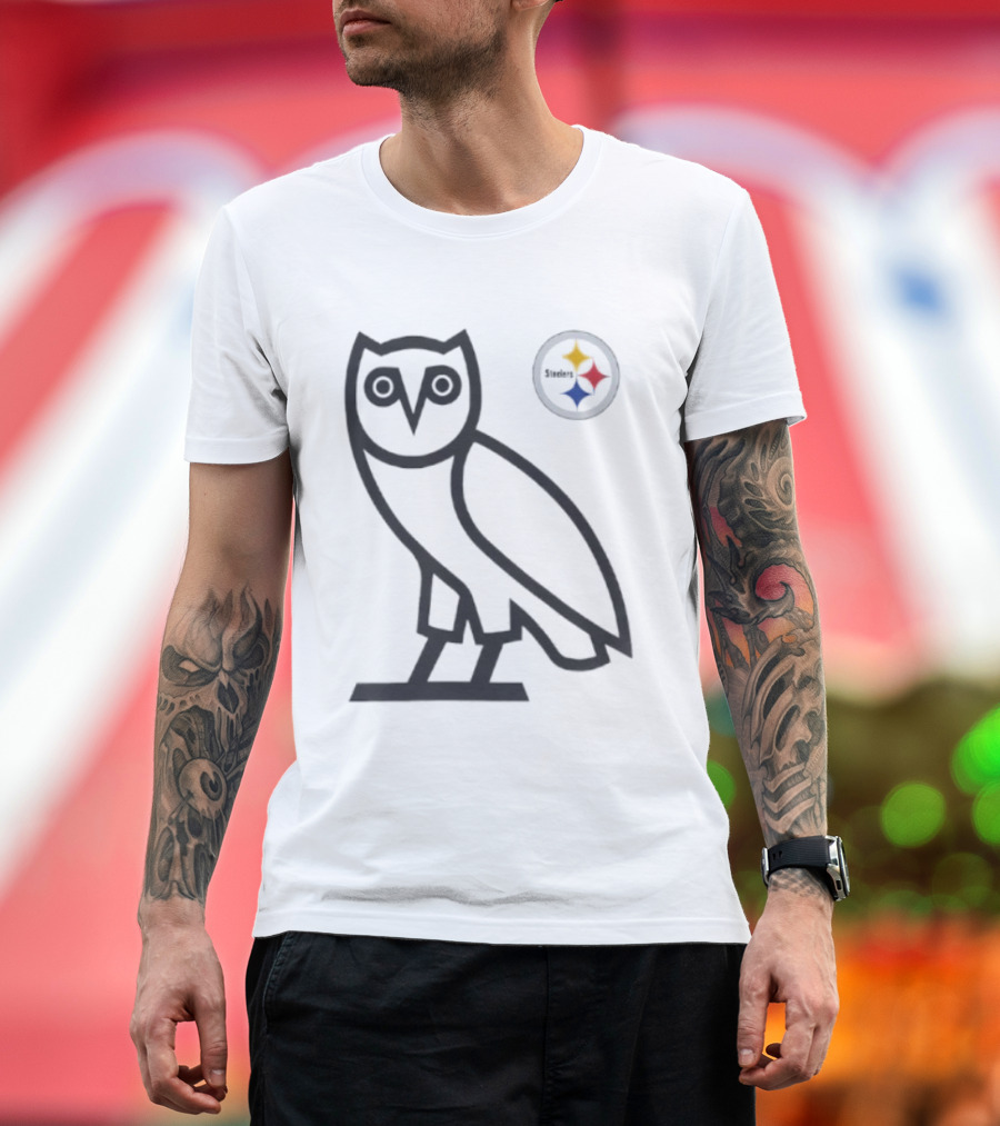 Pittsburgh Steelers OVO NFL Collaboration Owl and Team Symbols T-Shirt