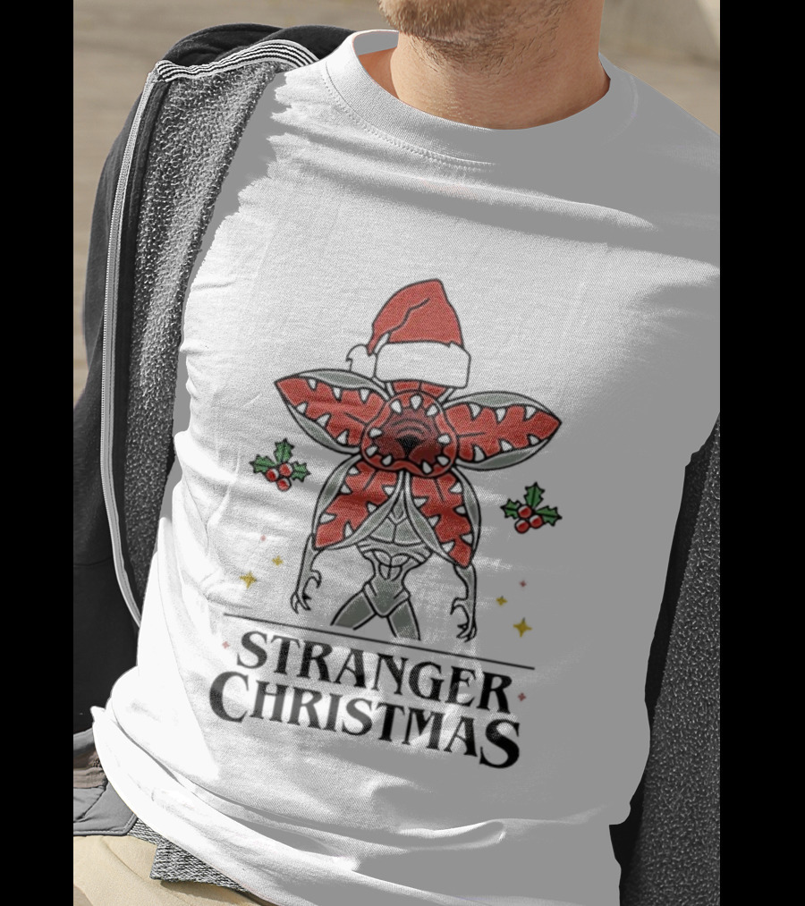 Stranger Christmas Demogorgon Santa Hat Mistletoe Branches Stranger Things T-Shirt