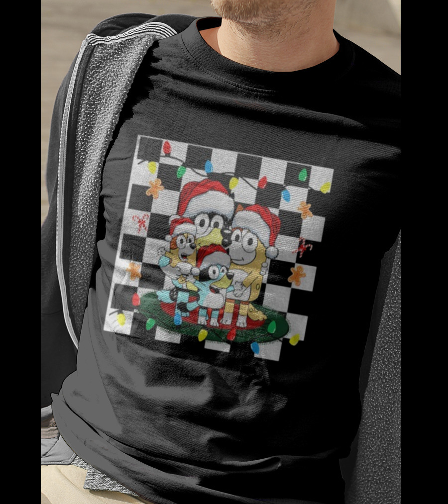 Bluey Family Christmas 2025 Santa Gingerbread Checkered Lights T-Shirt