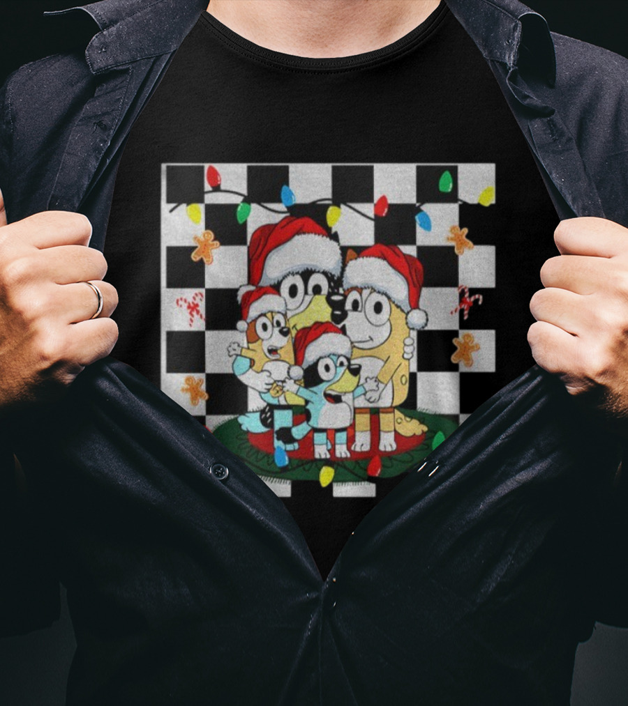 Bluey Family Christmas 2025 Santa Gingerbread Checkered Lights T-Shirt